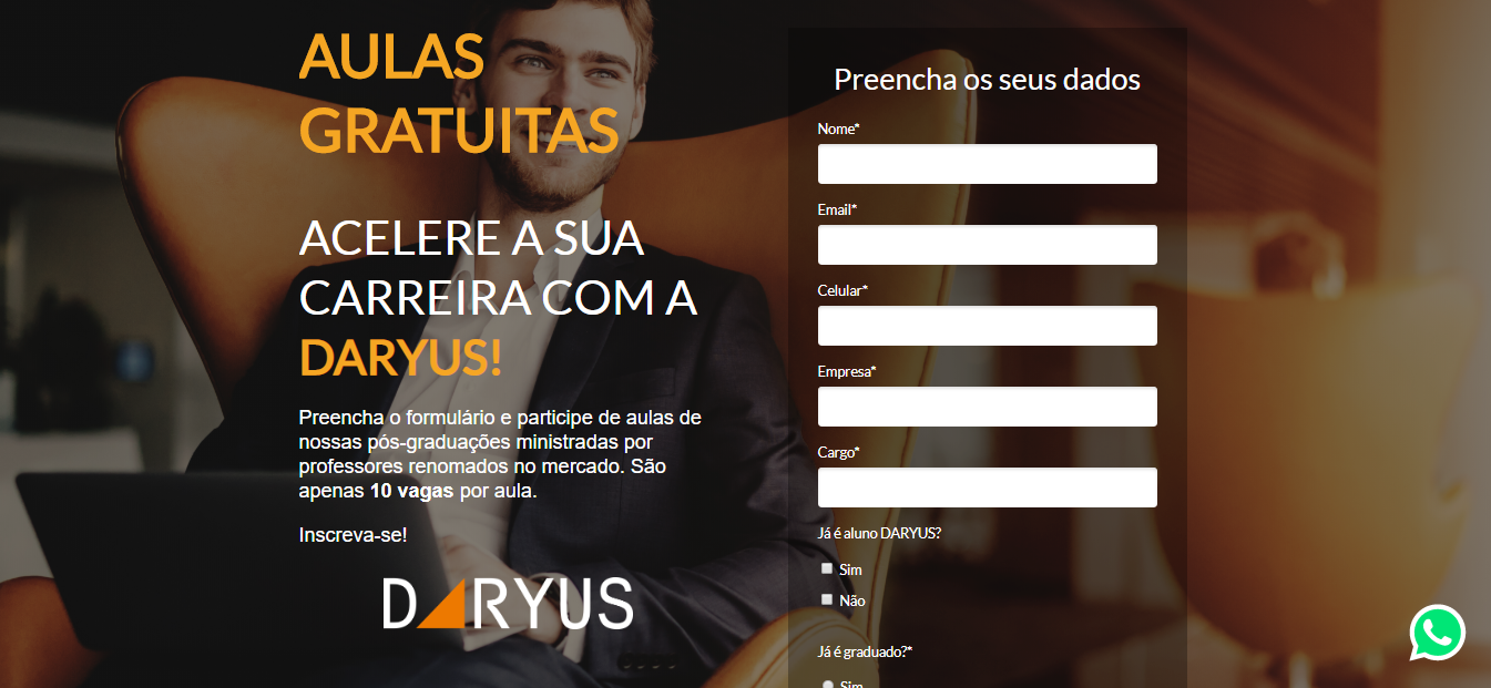 Landing Page da DARYUS ofertando as aulas gratuitas feita no RD Station Marketing